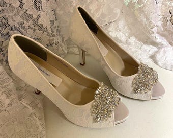 Diamond White Lace high heels crystals shoes, Ivory Bling Peep Toe Platform Heels WITH Lace,Lace Heels,