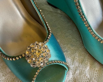 Aqua Blue Satin Wedding Wedge Shoes: Crystal Flower Peep Toe