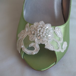 Wedge Shoes Apple Green w/ Lace Flower & Pearl Appliqué,Peep Toe Wedding Satin wedge Shoes,Prom green wedge shoes, Shoes Mother of the Bride image 3