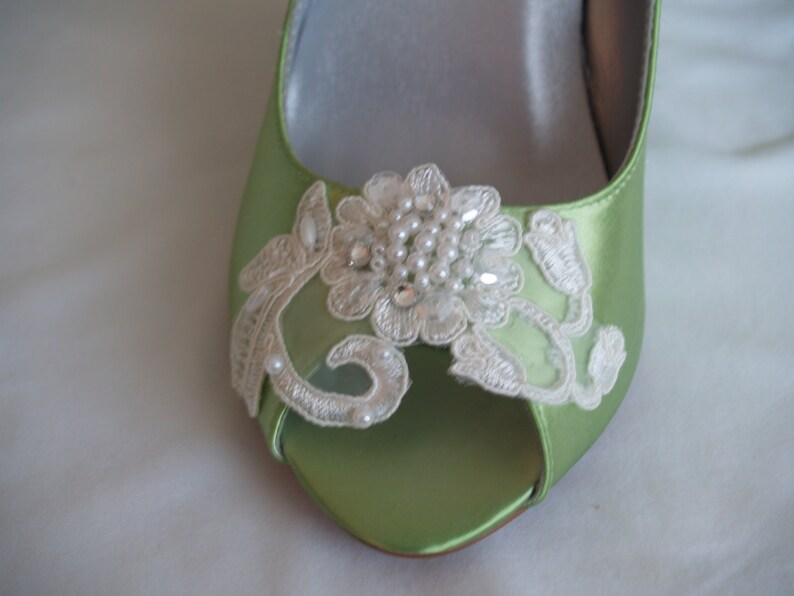 Wedge Shoes Apple Green w/ Lace Flower & Pearl Appliqué,Peep Toe Wedding Satin wedge Shoes,Prom green wedge shoes, Shoes Mother of the Bride image 3