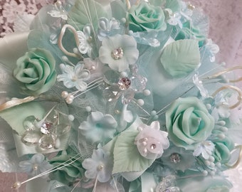 Aqua Bridal Bouquet Vintage with Hand Made Bisque Flowers  Size: 10" x 12", Vintage handmade Brides bouquet