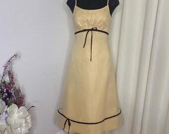 Vintage Robert Bullock Satin Organza Dress: Maize Yellow, Chocolate Bows, Size 4
