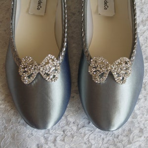 Silver Wedding Flats with Crystal Bow Brooch, Sliver Satin Flat shoes, slipper, 25th anniversary, Mother of the Bride, Pageant,Bling