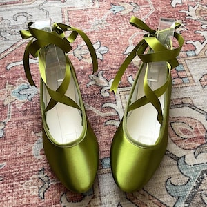 Size 7 Olive Green Satin Ballerina Flats: Lace-Up Ankle Tie Bridal Shoes
