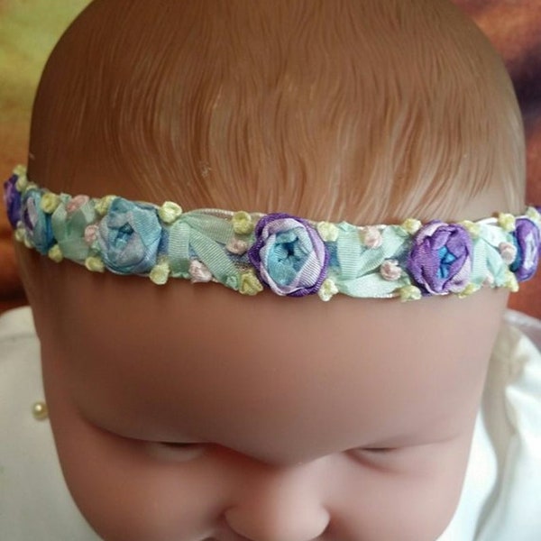 Baby multicolor flowers soft head band,purple blue flowers band,soft stretch lace baby band, Baby Shower Gift, Rococo Headband,