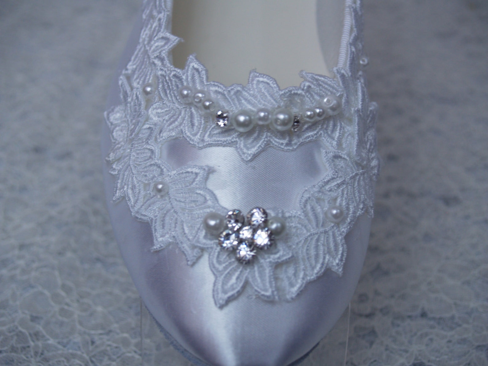 wedding flat shoes adorned with usa lace pearls and crystals, ballet style flats, leather sole, satin flats, white lace, bling b