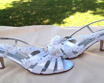 Size 10 White shoes LOW heel Floral Strappy Sandals Ready to Ship shoes,LOW heels bridal shoes,Open Toe Strappy Sandals, Slingback Shoes