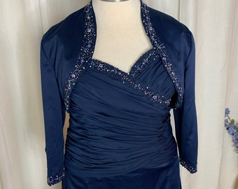 Navy Blue Chiffon & Satin Dress with Beaded Bolero Jacket - Size 16