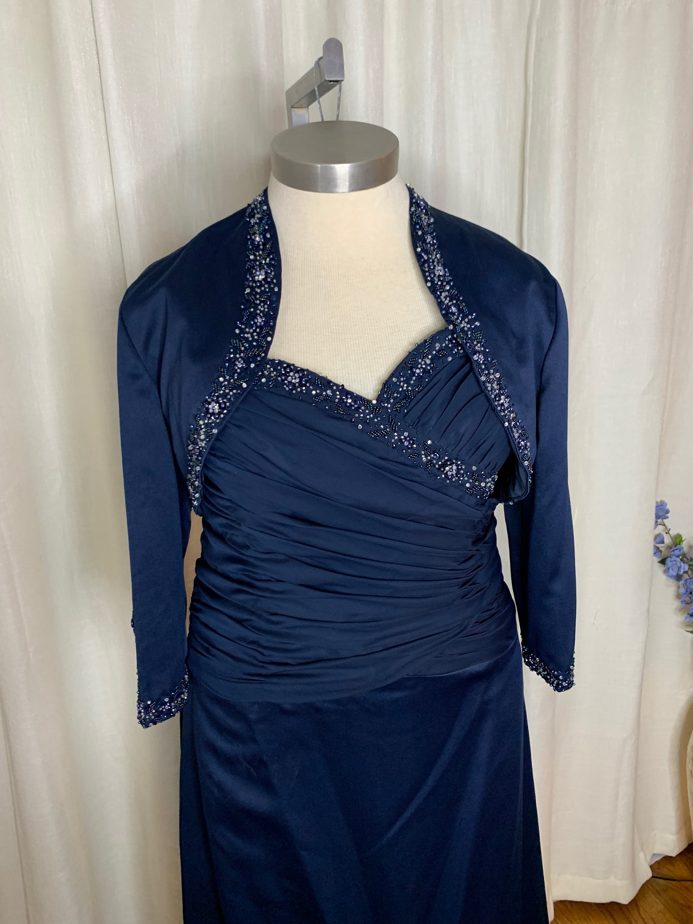 Navy Blue Chiffon & Satin Dress With Beaded Bolero Jacket - Size
