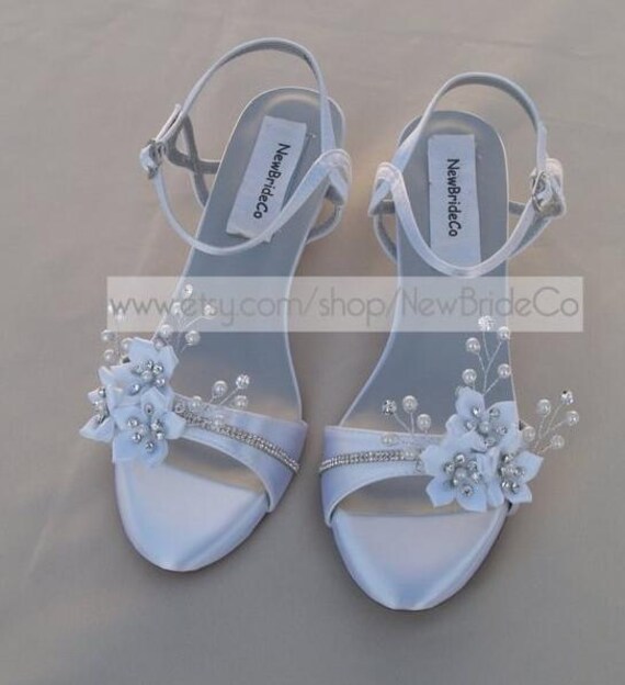 Wedding Shoes low Wedge 1 inch heel flowers crystals Short Heel White Satin Open Toe Bridal Sandal LOW heel Bling shoes with White Flowers
