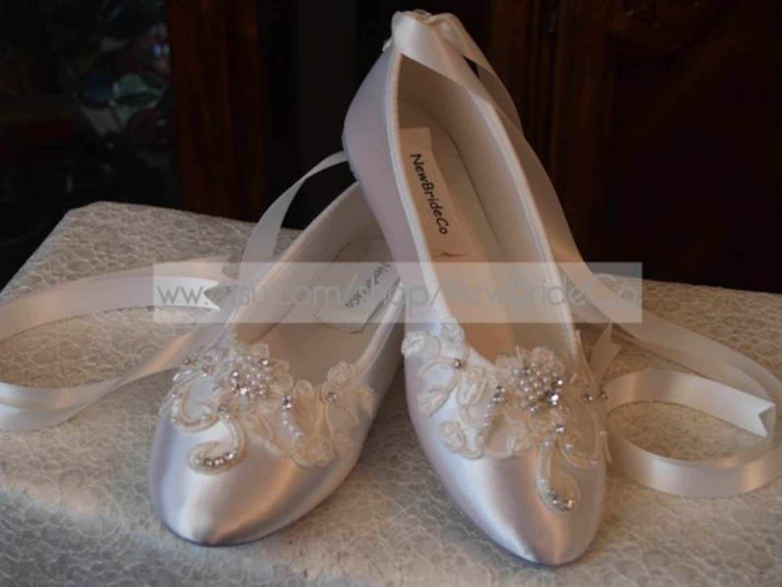 brides white wedding flats, satin ivory shoes, lace applique with pearls, lace up ribbon ballet style slipper, comfortable weddi