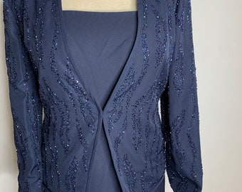Navy Blue Mother of The Bride Dress: Beaded Jacket, Size 14