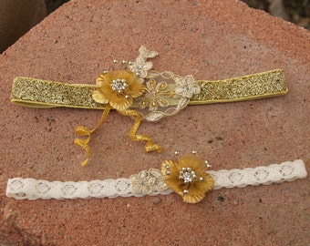 Gold Garter Wedding Set Handmade, Wedding garters in Gold, Bright Gold Bling Garter Set