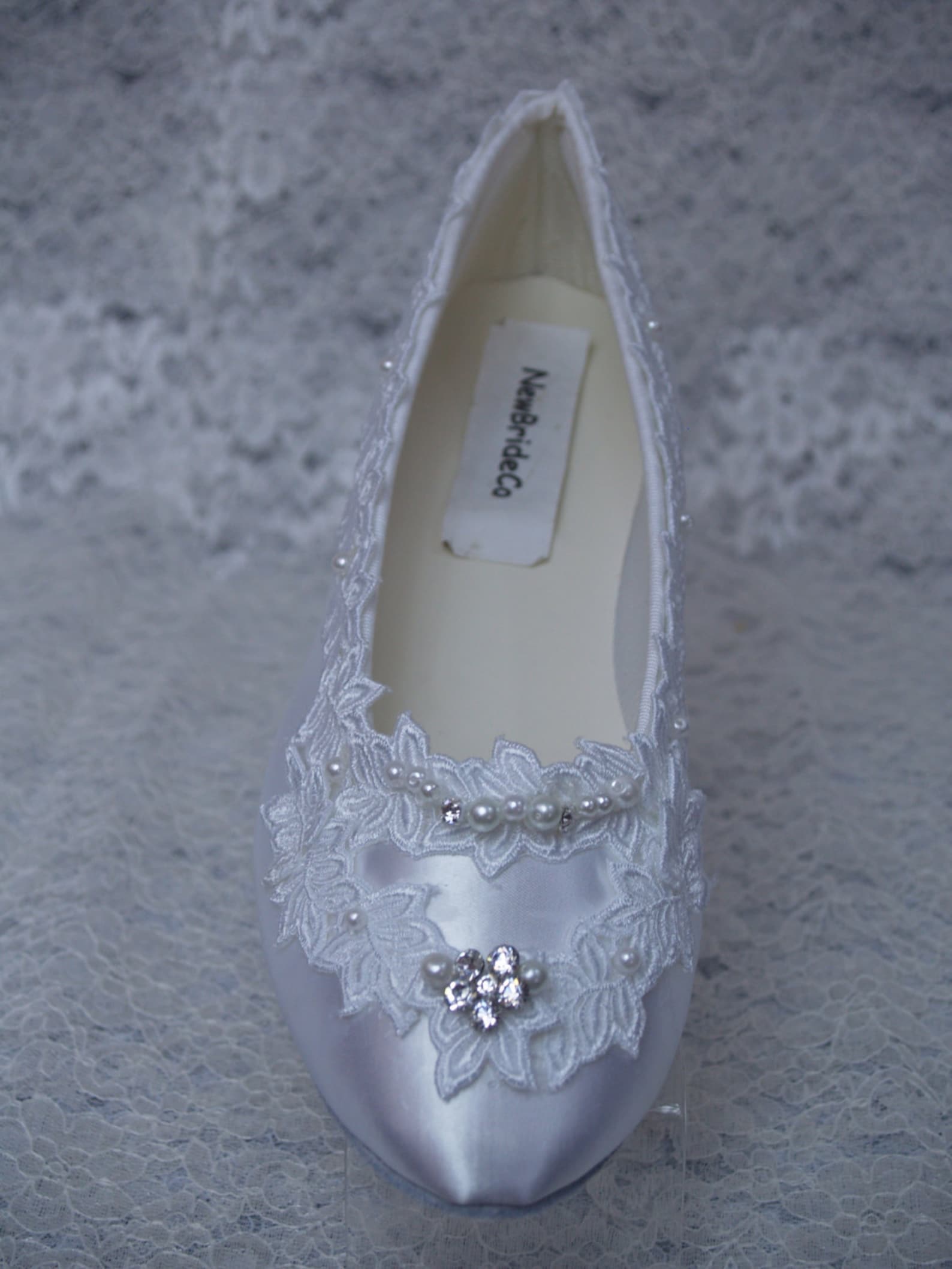 wedding flat shoes adorned with usa lace pearls and crystals, ballet style flats, leather sole, satin flats, white lace, bling b