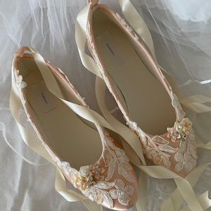 Peach Ivory Ballerina style Shoes Satin with beautiful Lace Appliqué Crystals Pearls, Bride Blush FLATS Lace Up Ribbon Ballet Style Slippers