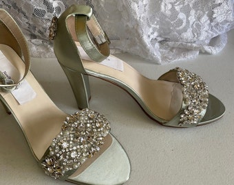 SAGE Heel Shoes Bling Bridal thick heels trimmed with lots of crystals and pearls,Blue Open Toes square heels, 3 1/4 inch Square heels,