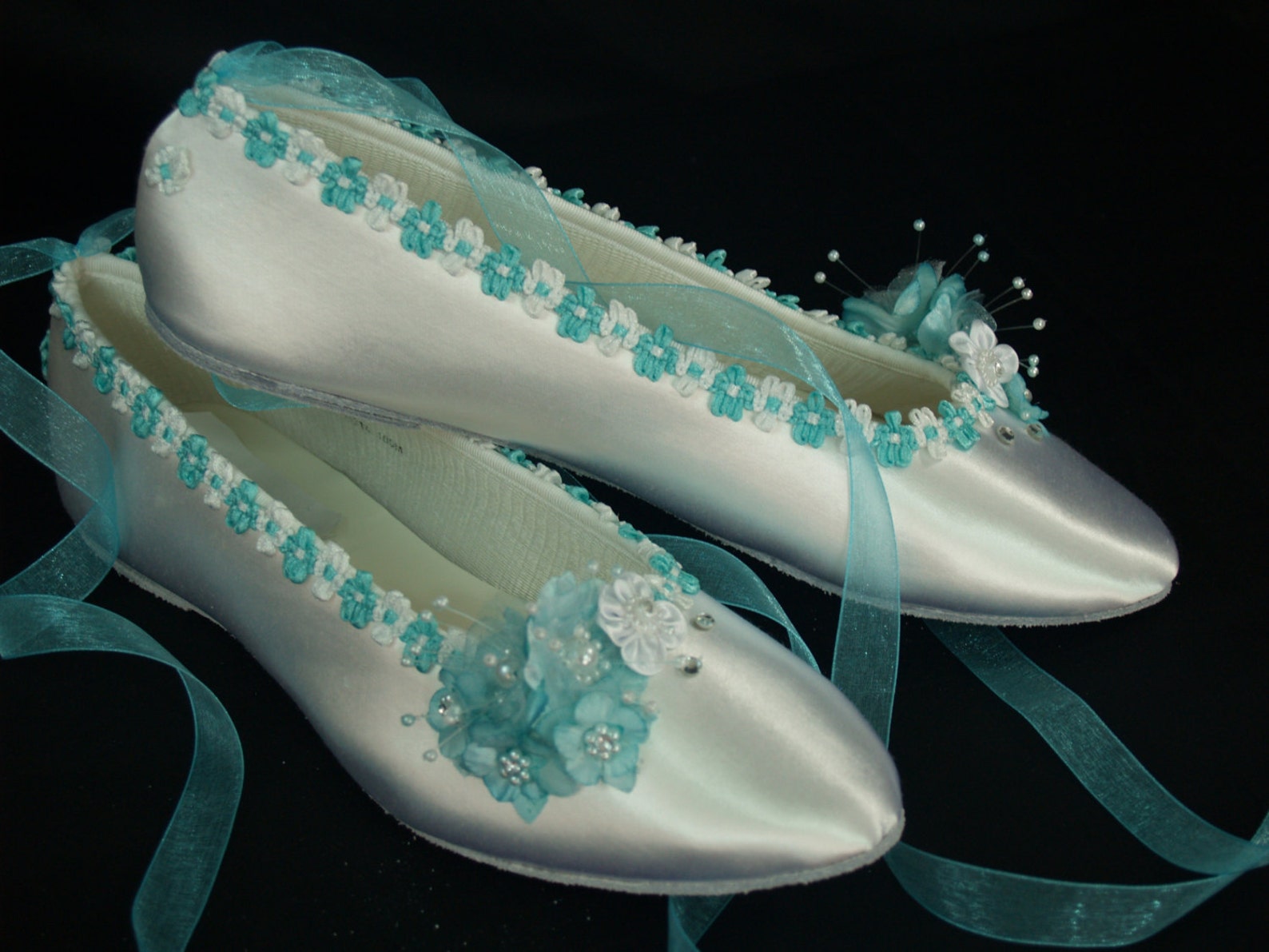 flat shoes aqua blue trims on ballet style slipper - aqua blue flat shoes, white satin flats, ribbon lace up flats, something bl