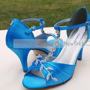 Blue Wedding Shoes Royal Blue with Silver Swarovski Crystals, peep toe, covered heel ankle strap, hand dyed satin, bling , satin heels image 5