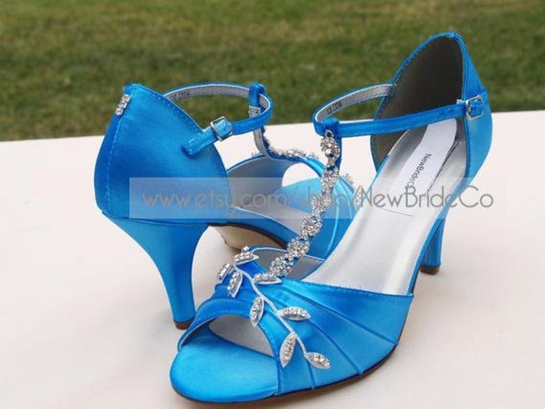 Blue Wedding Shoes Royal Blue with Silver Swarovski Crystals, peep toe, covered heel ankle strap, hand dyed satin, bling , satin heels image 5