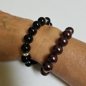 2 bracelets black and brown glass pearls with rhinestones 12mm