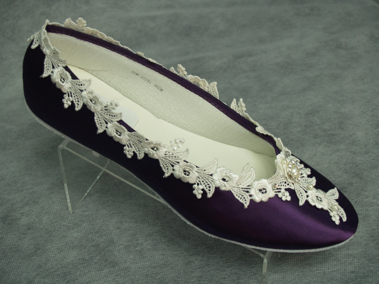 bridal victorian flats eggplant ivory shoes fine us lace pearls and crystals embellished, satin ballet slipper, deep purple with