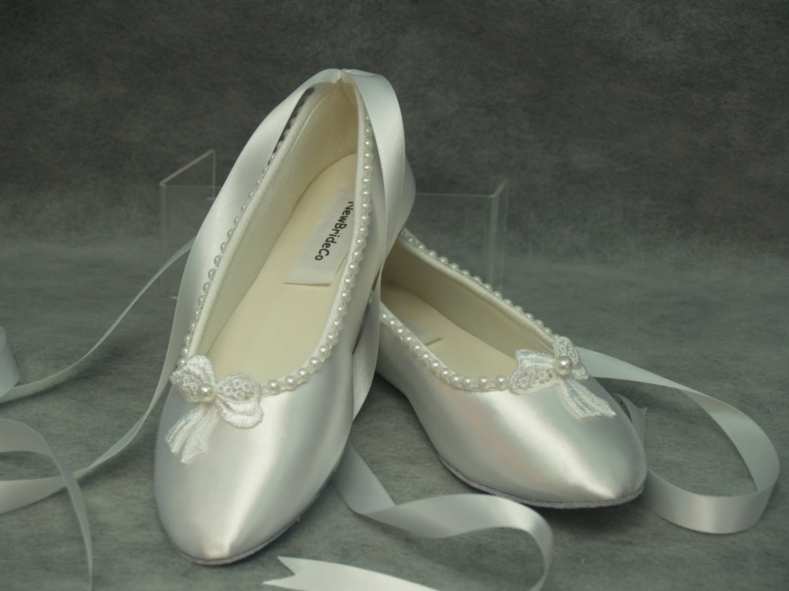 White Satin Ballet Style Slippers W Lace Bow & Pearls White Etsy