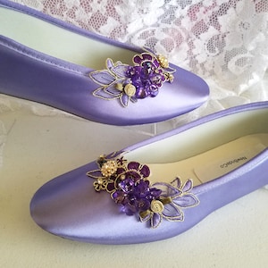 PURPLE wedding FLATS with purple and gold accents,purple flat shoes, wide purple flat shoes,bridal purple flat shoes, purple gold flat shoes