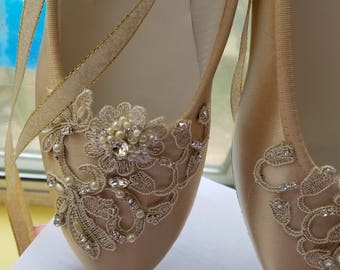 Gold Champagne Ballerina style Shoes Satin Lace Appliqué Crystals Pearls, Lace Up Ribbon Ballet Style Slipper, Comfortable Wedding Shoes