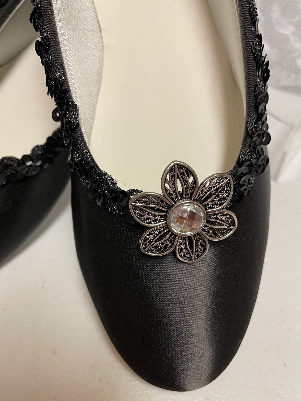 Black Wedding Shoes Dressy Flats Satin With Brooch Prom - Etsy