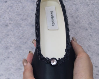 Wedding Flats Shoes Black Satin dressy comfortable, Goth Wedding, Bridesmaids, Black Hand Dyed Satin, Bling Center, Wear again, Formal Flats