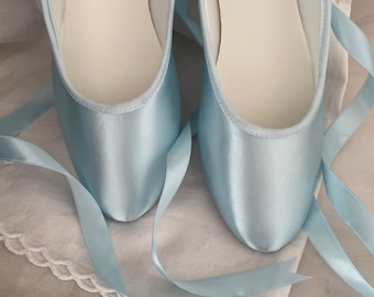 Light Blue Satin Flat Shoes: Wedding Something Blue Ballerina Style with Ankle Straps