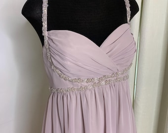 Vestido vintage Jordan Mocha de gasa: tirantes con cuentas, cintura imperio, talla 6