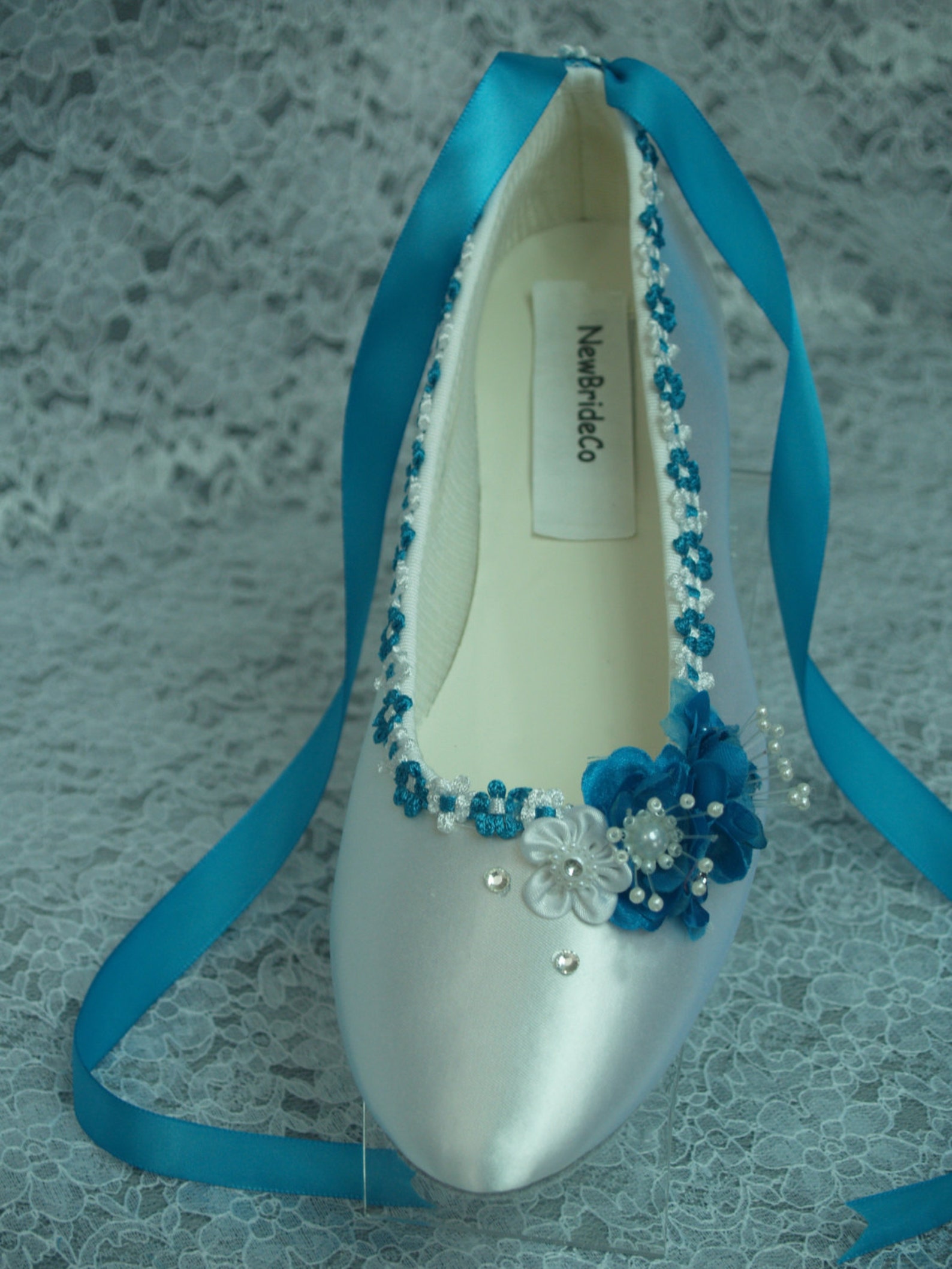 wedding flats turquoise flowers w turquoise white rococo trim white or ivory satin shoes, something blue, peacock blue, ballet s