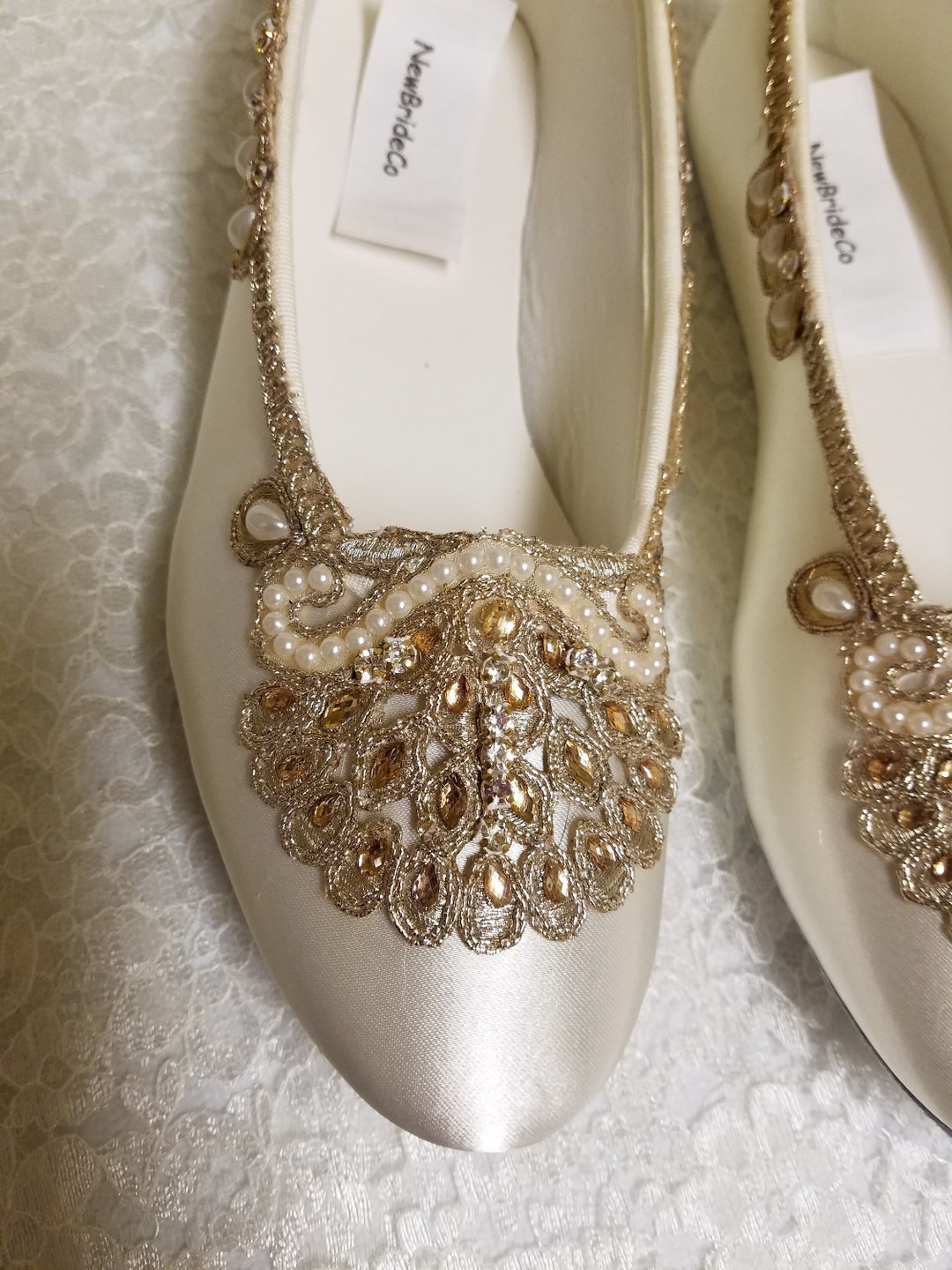Wedding Champagne Flat Shoes Gold Flats Hand Dyed to Ivory Embellished With Mirror Lace Beads