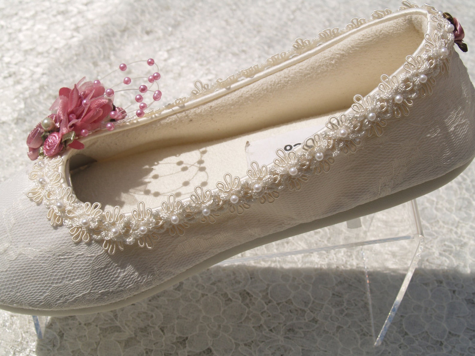 size 5 wedding ivory flats vegan rose shoes ready to ship embellished w pearls gimp edge,gorgeous victorian style ballet slipper