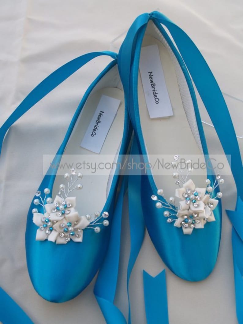 Wedding Royal Blue Flats Crystals pearls,Ballet Style Ivory slippers,Flat Shoes Custom colors available,Snowflake, Romantic, Lace Up Ribbon image 4