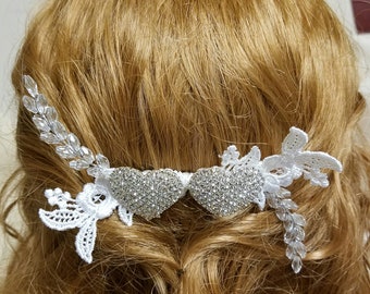 Wedding Hair Comb two silver hearts, Bridal hair comb with two silver hearts , Brides silver hearts hair comb,