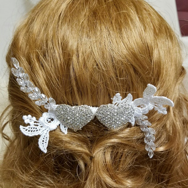 Wedding Hair Comb two silver hearts, Bridal hair comb with two silver hearts , Brides silver hearts hair comb,