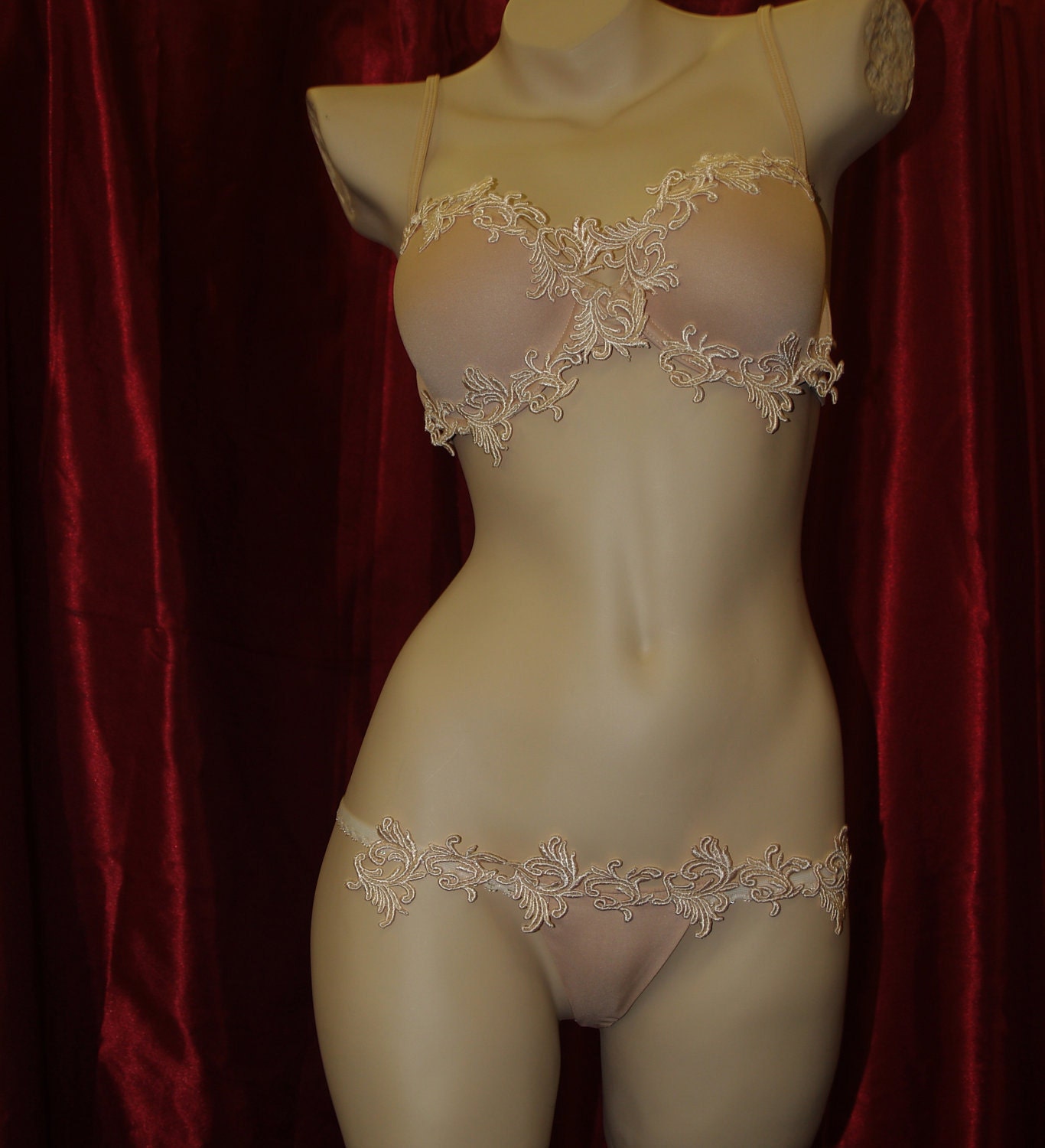 Buy Bridal Lingerie, WEDDING Nude Color Bra & Thongs Set Trimmed With Silk  Venice Lace Online in India 