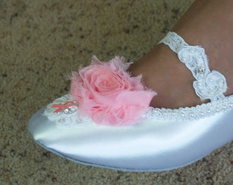 Size 9 Pink Shoes Cancer Awareness,Cancer Survivor Shoe w pink bow pearls trim,Bridal white satin Slippers, Mary Jane, Pink,Ready to Ship
