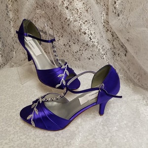 Blue Wedding Shoes Royal Blue with Silver Swarovski Crystals, peep toe, covered heel ankle strap, hand dyed satin, bling , satin heels Purple