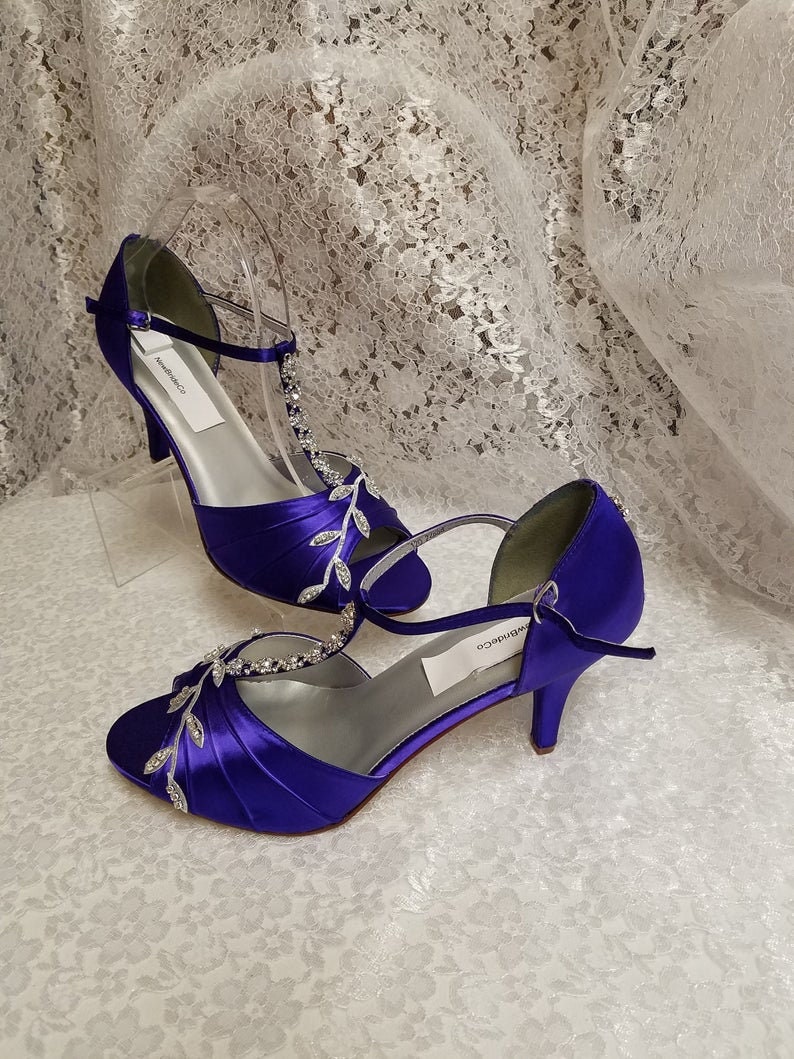 Blue Wedding Shoes Royal Blue with Silver Swarovski Crystals, peep toe, covered heel ankle strap, hand dyed satin, bling , satin heels Purple