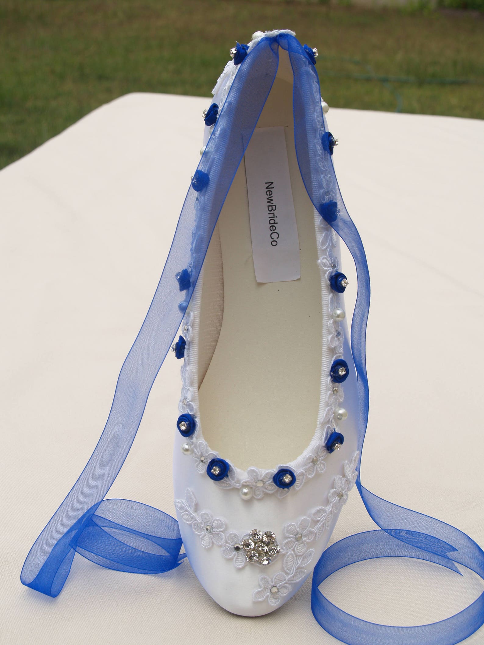 wedding royal blue flats white shoes venice lace edging with flowers crystals, romantic ballet style slipper, lace with pearls a