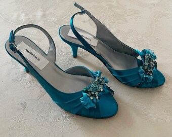 Teal Low heels sling back with unique HANDMADE embellishment, Bride Peacock shoe low heel comfortable shoe with flowers appliqué and bling