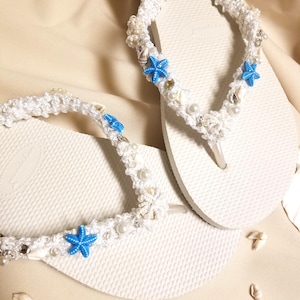Beach Wedding Blue Star fish sandals 1/2&#39;&#39; heel,Destinations Wedding Beach sandals, White Blue Bridal Flip Flops,Daytime wedding sandals