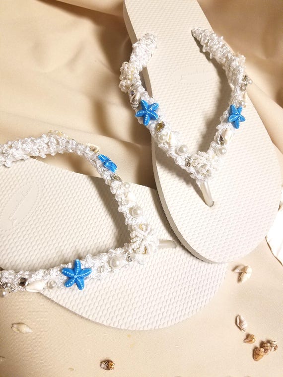 Beach Wedding Blue Star fish sandals 1/2'' heel,Destinations Wedding Beach sandals, White Blue Bridal Flip Flops,Daytime wedding sandals