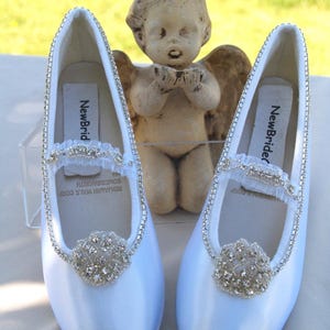 Wedding Shoes Ballet Style Flats Swarovski Silver Crystals flowers, Bling crystals White Satin Flats with Mary Jane stretch band,