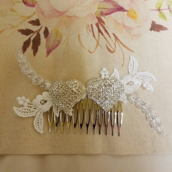 Wedding Hair Comb two silver hearts, Bridal hair comb with two silver hearts , Brides silver hearts hair comb,