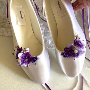 Whimsical Flats with Purple silk flowers pearls crystals ankle lace up ribbons, White Satin Ballet Style Slipper Purple Flowers Closed Toe