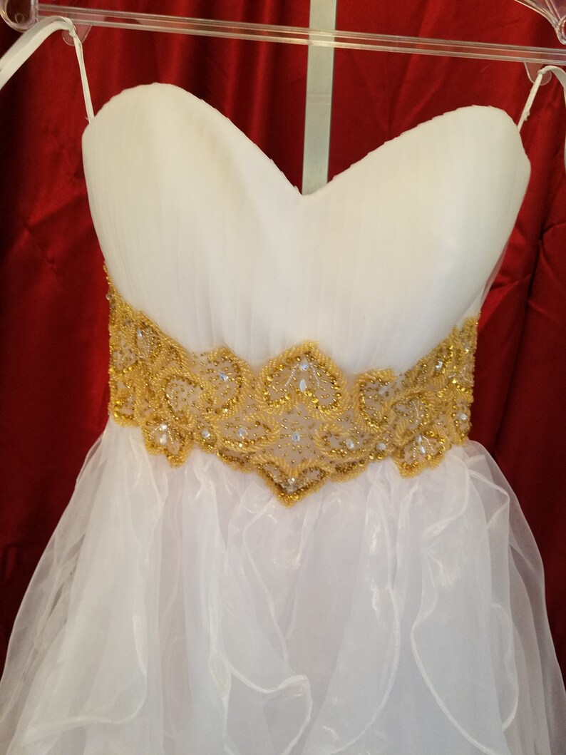 White short strapless dress gold beaded empire waist sizes XS and L,sweetheart cut short white dress,destination wedding short white dress, image 4